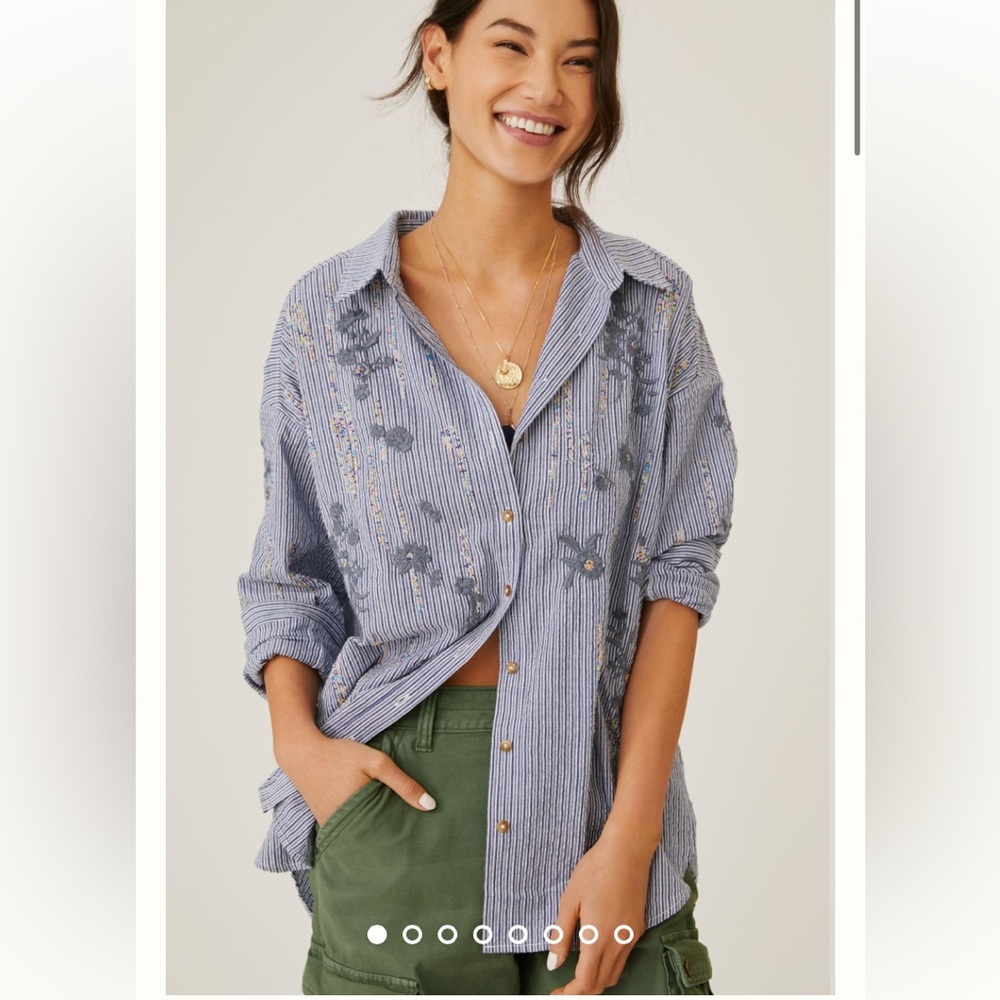 ANTHROPOLOGIE PILCRO striped embroidered beaded button down long sleeve shirt